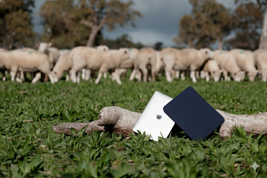 13-inch Apple MacBook Air laptop inside premium Australian wool laptop sleeve with cotton latch and coconut button closure navy wool in colour, with sheep in the background.