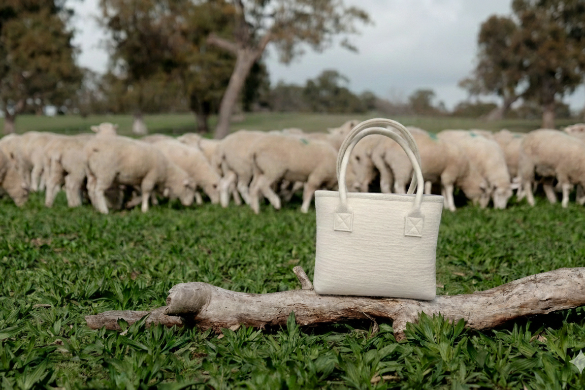 Australian wool tote bag in natural wool with matching handles and cotton lining, designed for professionals wanting to use a natural fibres.  Bag is in a beautiful paddock with sheep in the background representing the wool use in the bag. 