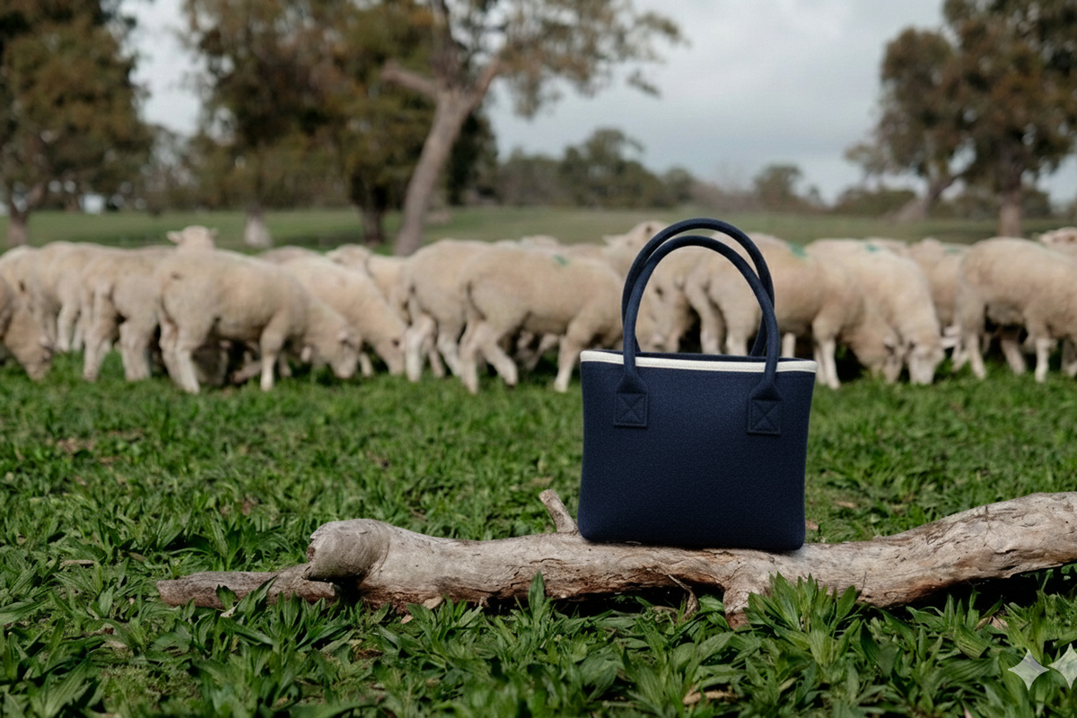 Australian wool tote bag in navy with matching handles and cotton lining, designed for professionals wanting to use a natural fibres.  Bag is in a beautiful paddock with sheep in the background representing the wool use in the bag. 