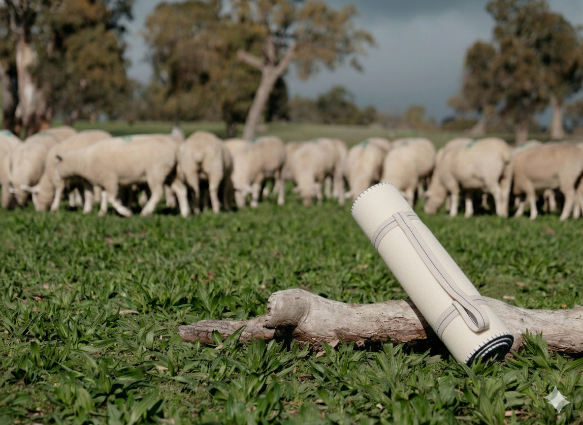 Australian crossbred wool fitness yoga mat in natural wool colour with cotton stitching and carry handle for yoga, pilates, meditation, fitness warm down and stretching.  In a sheep paddock with sheep in the background, representing the wool used in the mat. 