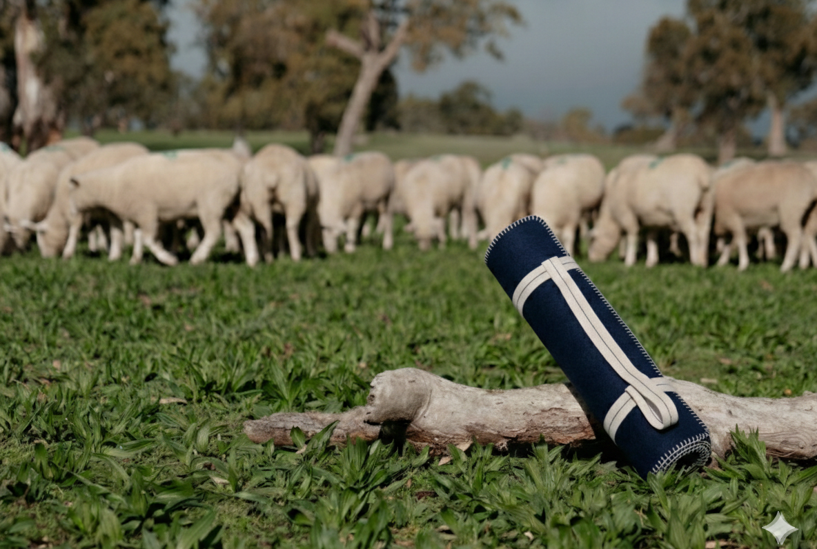 Australian crossbred wool fitness yoga mat in navy with cotton stitching and carry handle for yoga, pilates, meditation, fitness warm down and stretching.  In a sheep paddock with sheep in the background, representing the wool used in the mat. 