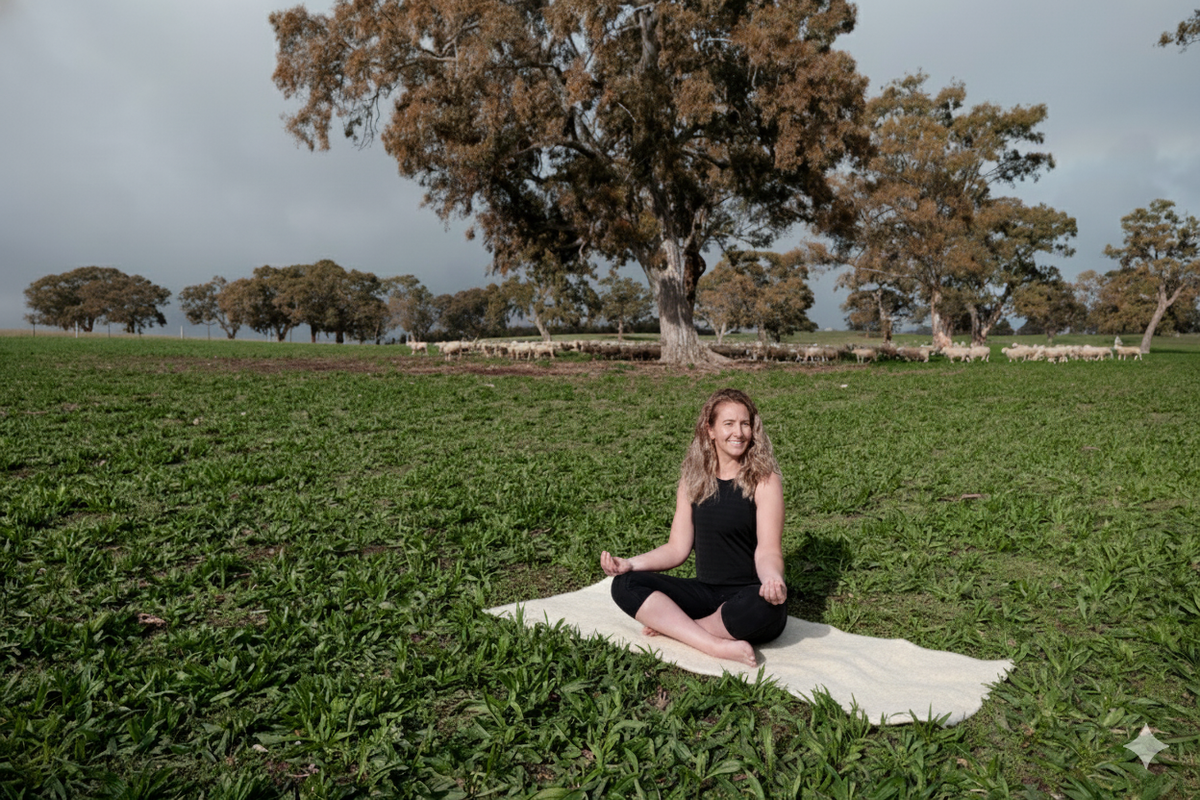 Australian crossbred wool fitness yoga mat in natural wool colour, with cotton stitching and carry handle for yoga, pilates, meditation, fitness warm down and stretching. lady in a paddock doing yoga on the navy wool fitness mat.