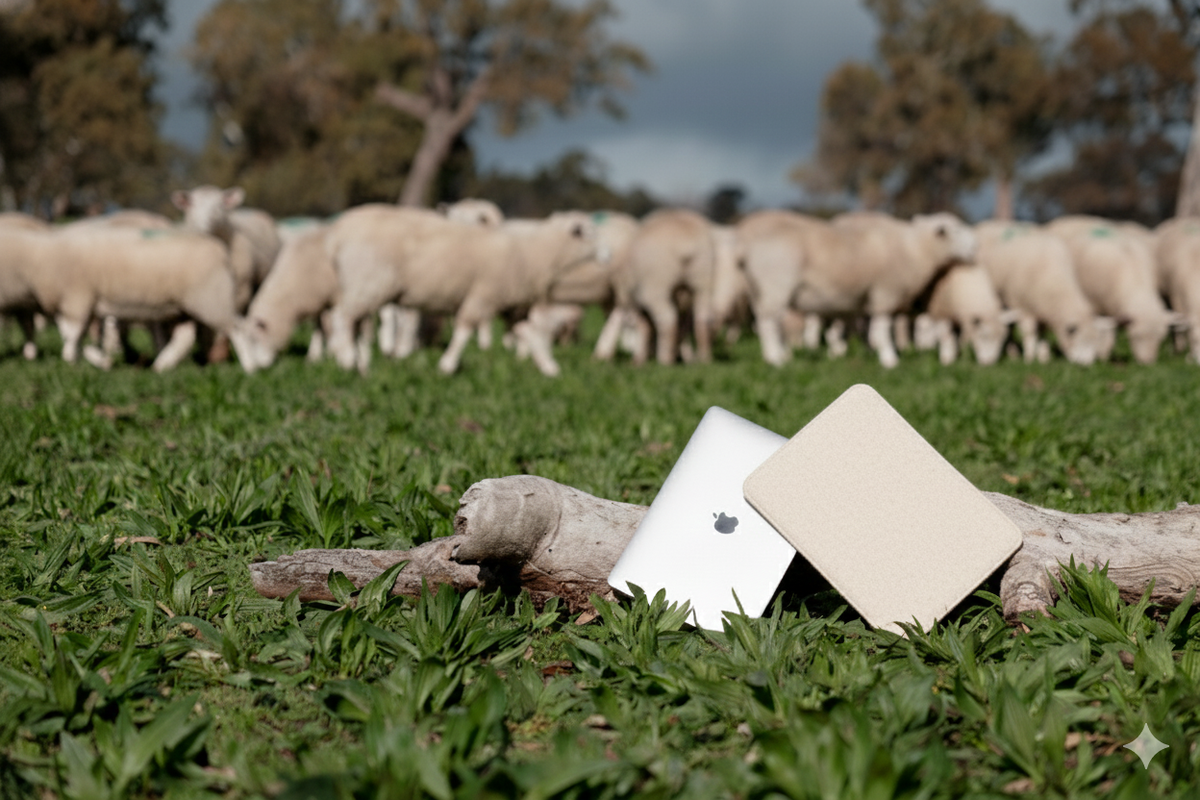 13-inch Apple MacBook Air laptop inside premium Australian wool laptop sleeve with cotton latch and coconut button closure natural wool in colour, with sheep in the background. 